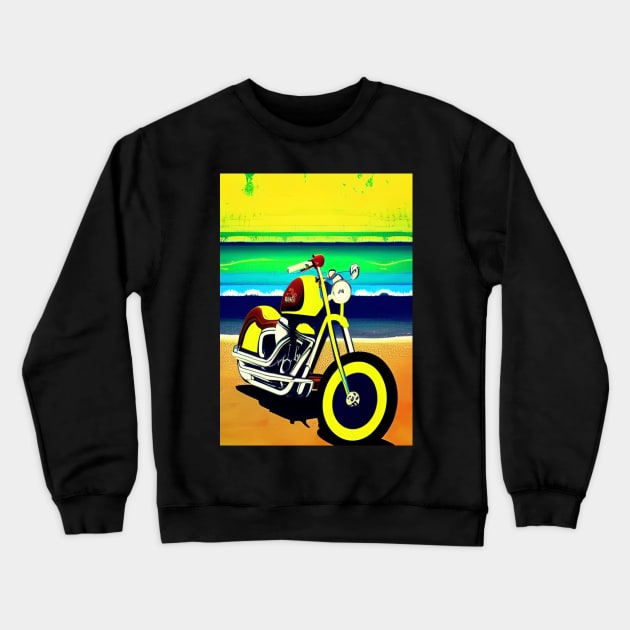 YELLOW SURREAL RETRO MOTORCYCLE ON THE BEACH Crewneck Sweatshirt by sailorsam1805